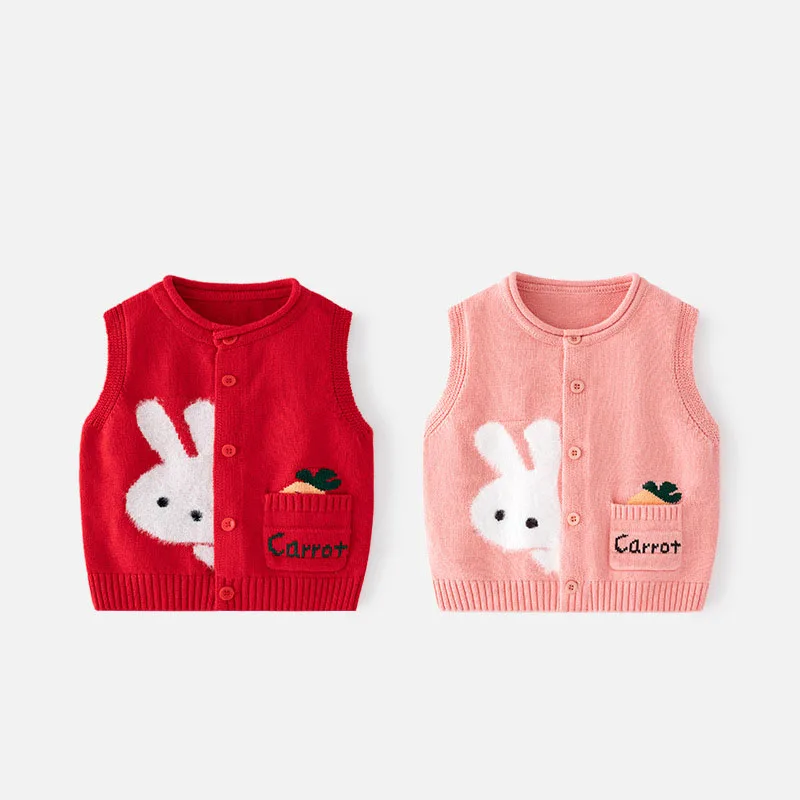 Spring Autumn Toddler Girls Vest Rabbit Pit Striped Jacquard Letter Pocket Little Girls Waistwear Knitted Baby Knitwear