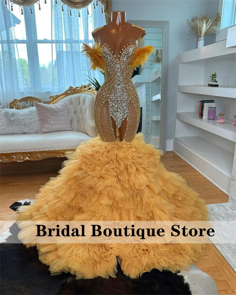 

Sparkly Gold Diamonds Long Prom Dress Glitter Bead Crystal Rhienstones Feathers Tiered Ruffle Luxury Wedding Birthday Party Gown