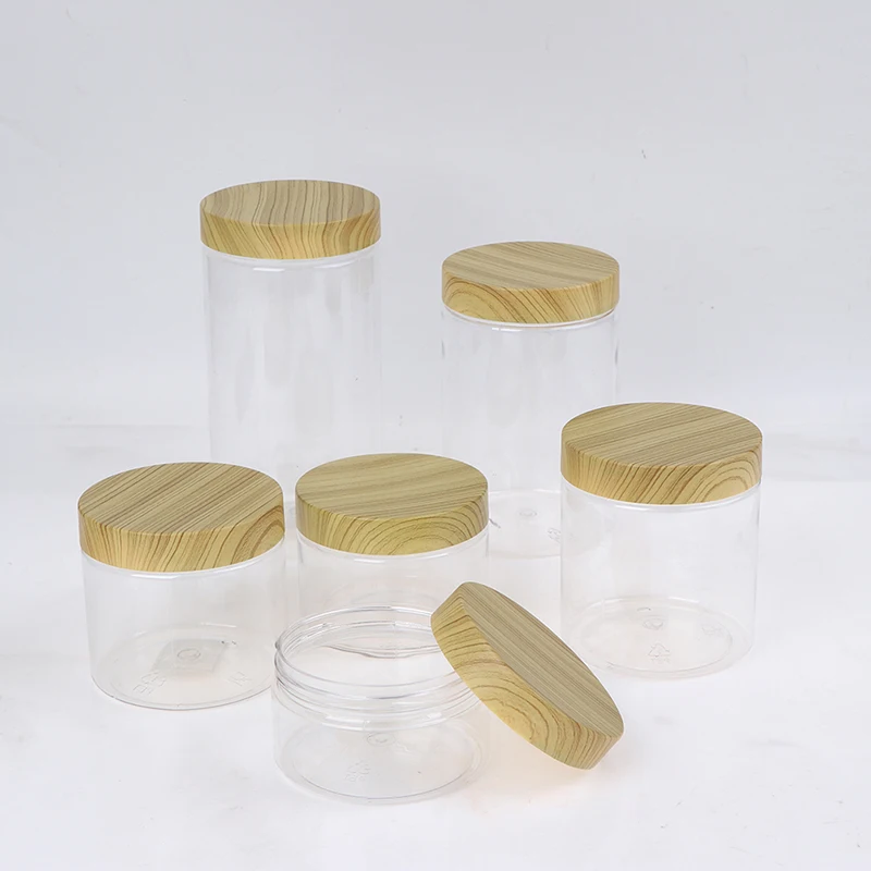 Empty Clear Jar Container With Plastic Imitation Wood Lid Plastic Storage Bottle plastic food containers