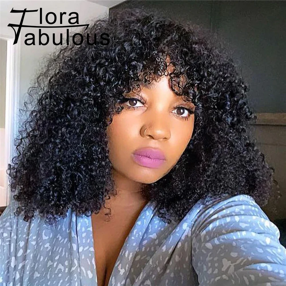 

14Inch Short Curly Virgin Human Hair Wig With Bangs Natural Wear & Go Glueless Bang Wigs 180% Density Curly Wigs for Black Women