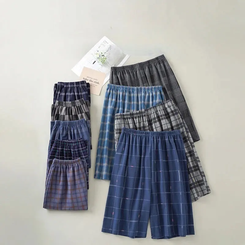 Pajama Pants Mens Sleep Shorts Summer New Cotton Plaid Pajama Pants Adluts Home Loose Cotton Pajama Men&rsquo;s Sleep Bottom Elastic Waist Breathable Pj Pants Shorts