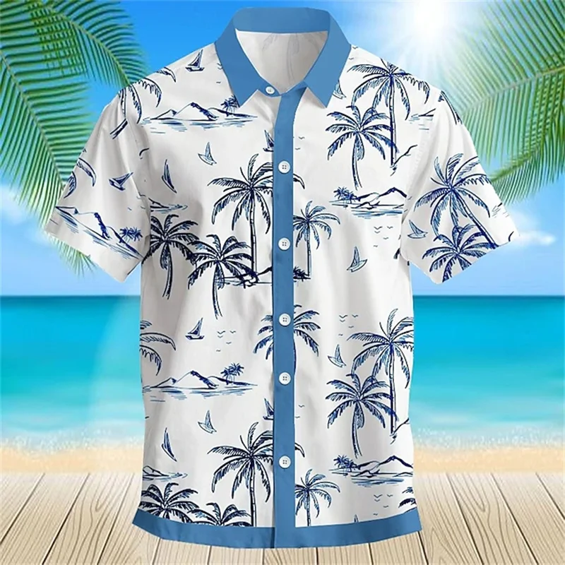 2024 New Men's Temperament Fashion Hawaiian Shirt Beach Coconut Printed Shirt T-Shirt Lapel Button Ocean Large Size Short Sleeve 2