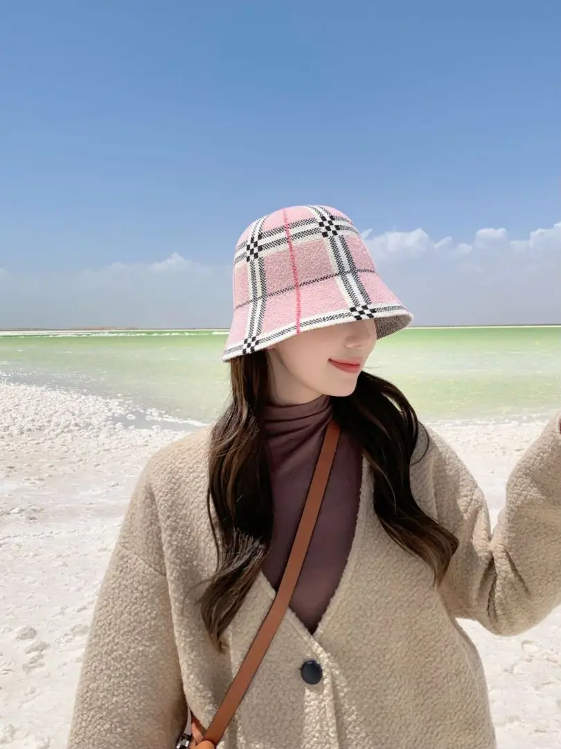 Winter Bucket Hat Women Outdoor Warm Velvet Plaid Cashmere Wool Basin Fisherman Hat Panama Caps women bucket hat,women hat,bucket hat
