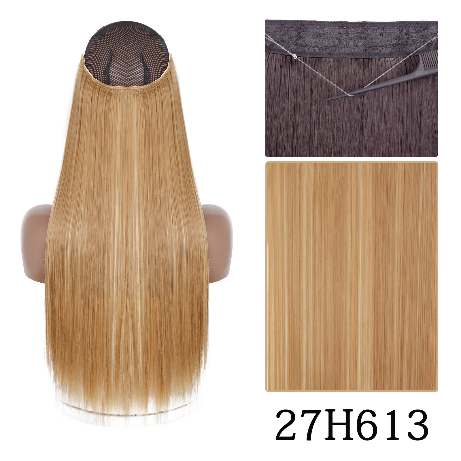 thumbnail image 1 of Extensiones de cabello sintético sin clip AZQUEEN, negro, rubio, largo, liso, con alambre de pescado secreto, postizo resistente al calor para mujer, 1 of 5