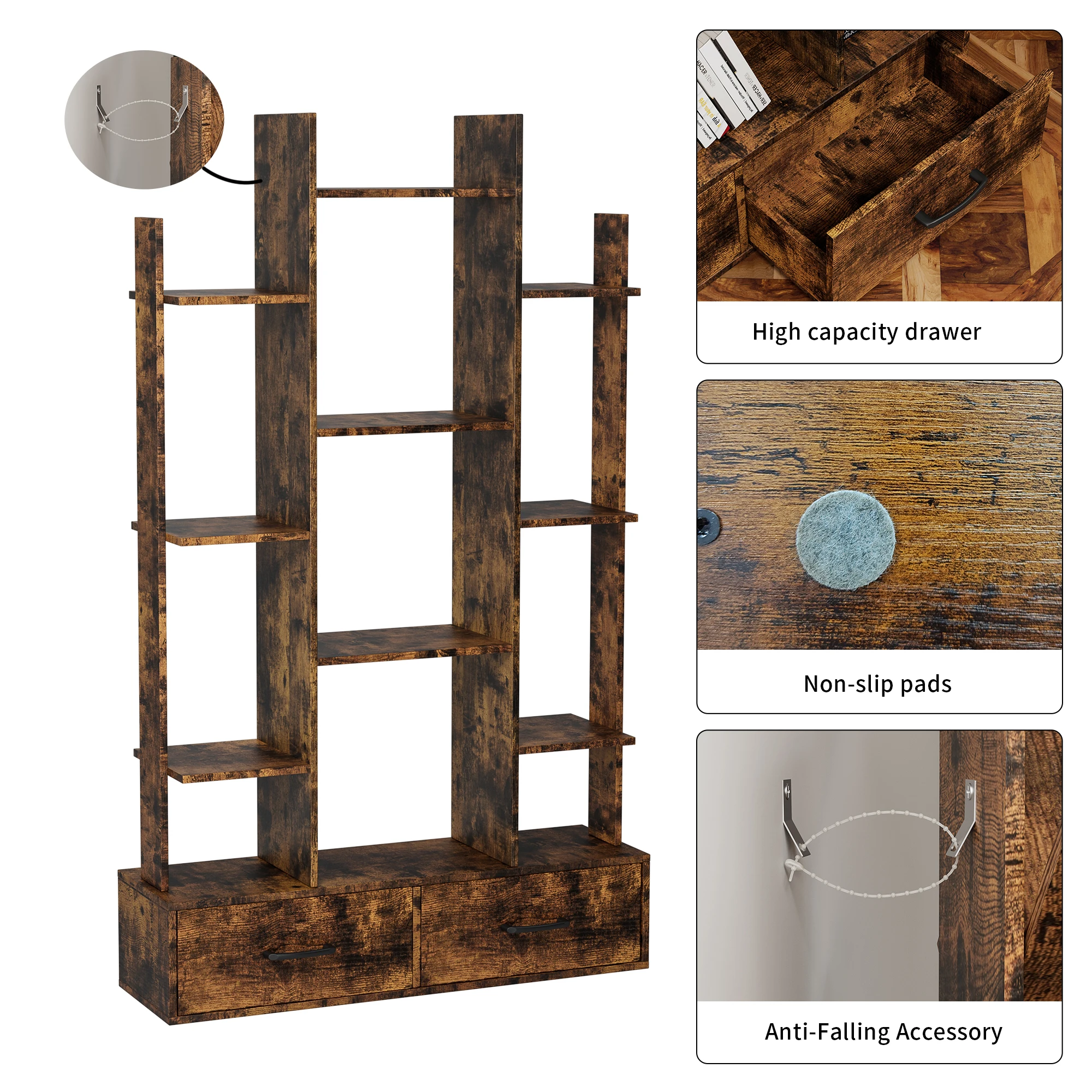Bookshelf with 2 Drawers,Industrial Freestanding Open Display Shelving,Vintage Open Bookcase,Book Case for Bedroom, Living Room