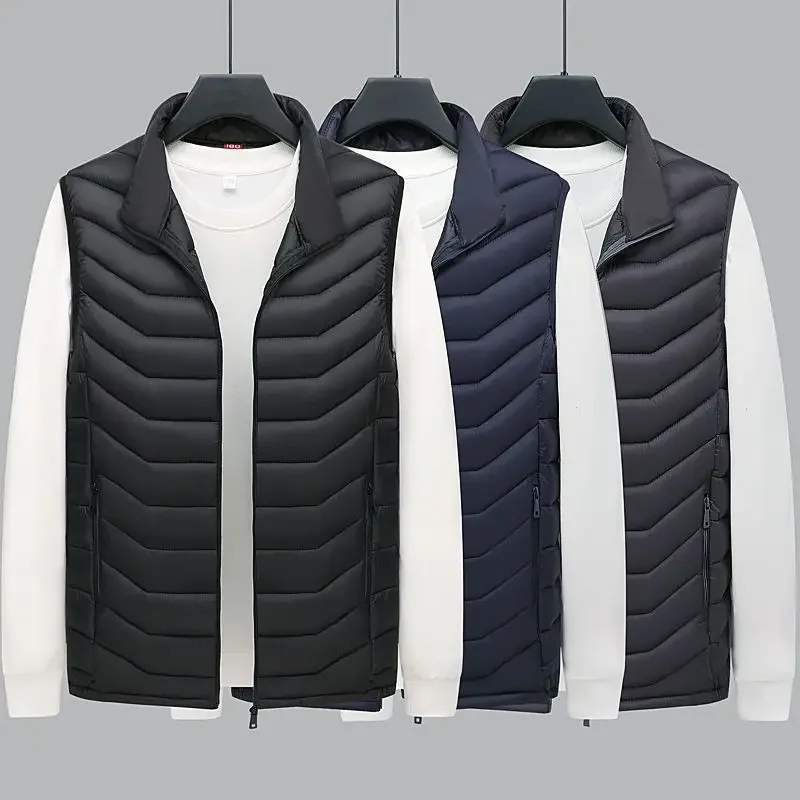 Autumn Winter New Men Warm Down Cotton Coat Vest Streetwear Solid Stand Collar Zipper Fashion Versatile Casual Sleeveless Jacket