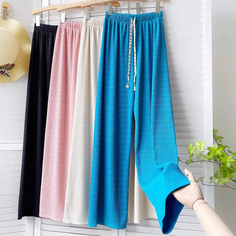 2022 Women Summer Green Long Pants Casual Floor Length Women Solid Color Boho Pants Female Trousers Women Wide Leg Pants vuori joggers