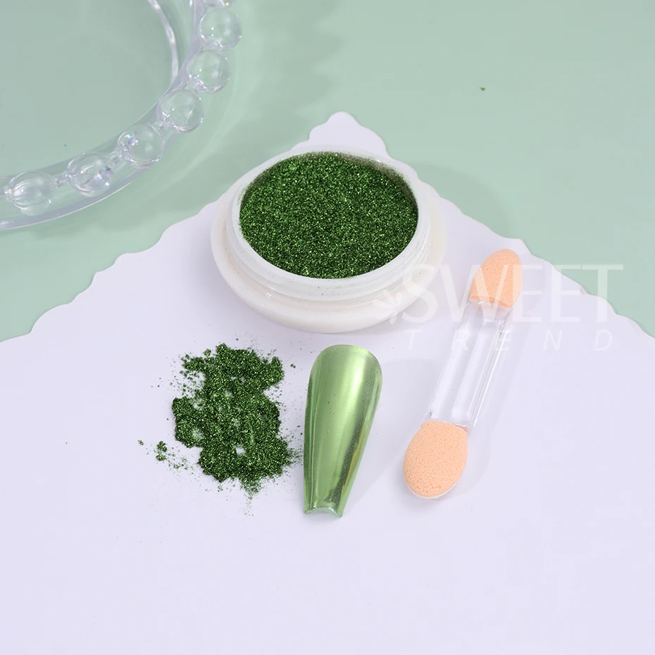 1Box Green Mirror Powder Nail Art Glitter UV Gel Polish Chrome Dust Metallic Effect Pigment St. Patrick's Day Nail Decoration