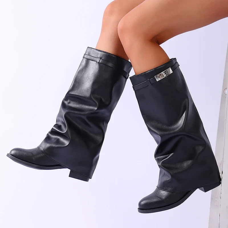 Brand Design Black Pu Leather Knee High Boots Women Slip on Height Increase Long Boots Woman Fashion Plus Size 42 Wide Leg Botas