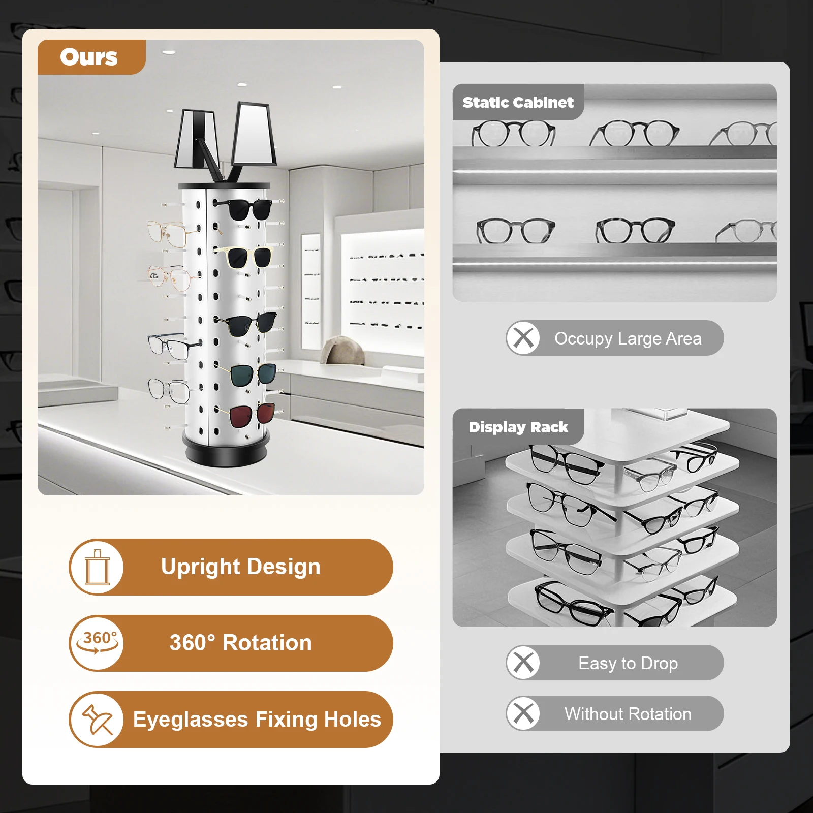 360 Rotating Eyeglasses Display Stand with Adjustable Mirrors