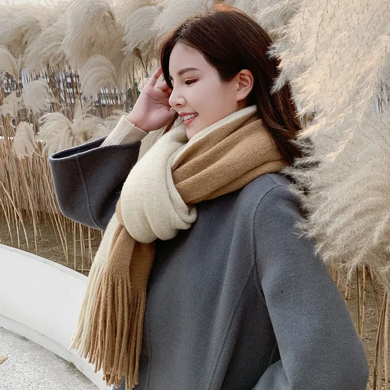 Winter Autumn New RetroImitation Cashmere Color Blocking Elegant Temperament Women Scarf Thickened Warm Defend Cold Collar Shawl