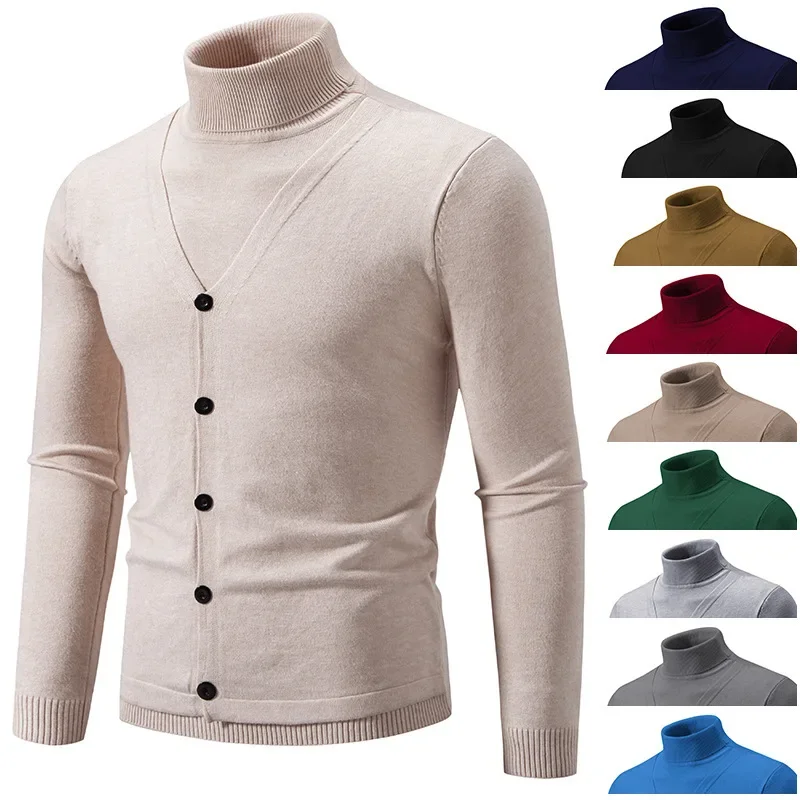 Description Picture 2 of itemAmazon Independent Station Foreign Trade New Men's Knitted Top Two-piece Illusion Polo/turtle Neck Pullover Base Layer Sweater