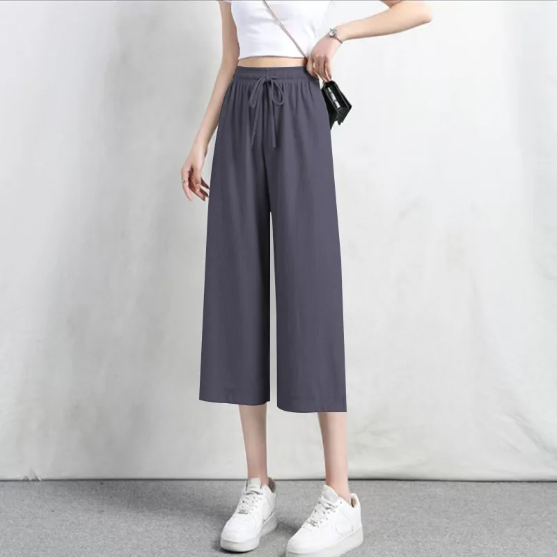 2023 Summer New Women's Imitation Ice Silk Capris Casual Wide Leg High Waist Fashion Korean Versatile Loose Solid Color Pants