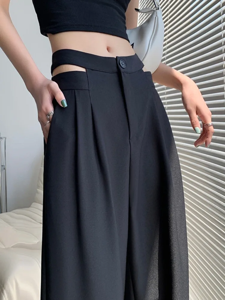 

Black Chic Wide Leg Pants Women Streetwear 2023 Hollow Out Elegance Pant Female High Waisted Korean Fashion Bottoms Ladies