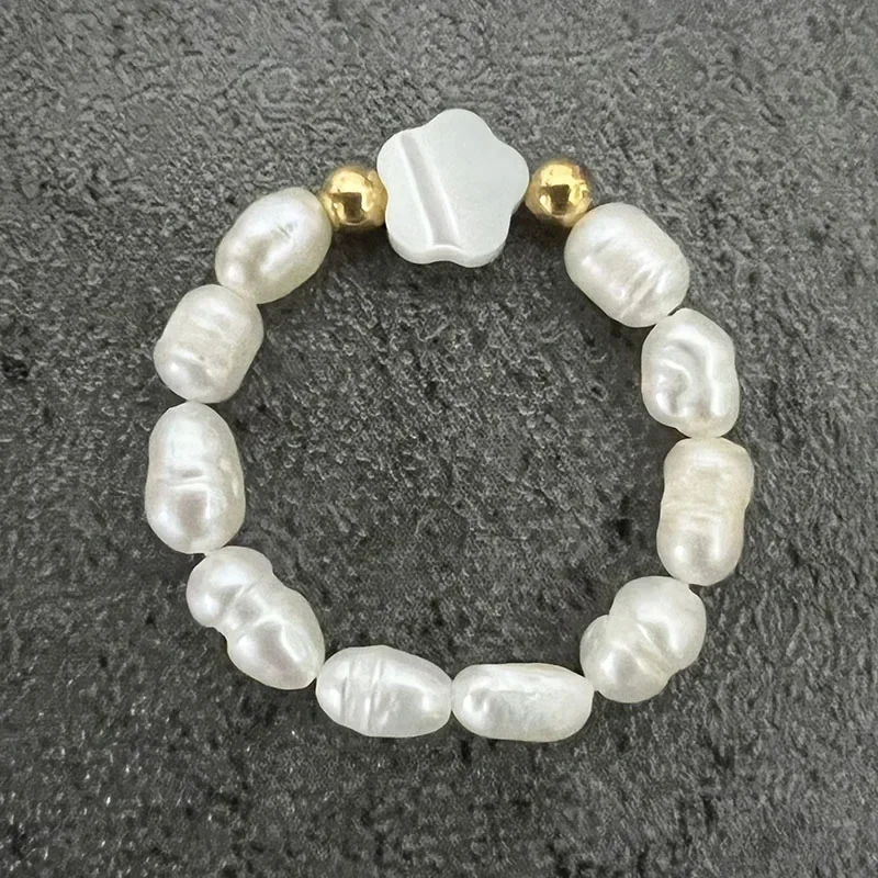 Elegant Freshwater Pearl & Stainless Steel Bead Stretch Ring for Women - Star & Heart Design, Perfect for Weddings & Special Occasions
