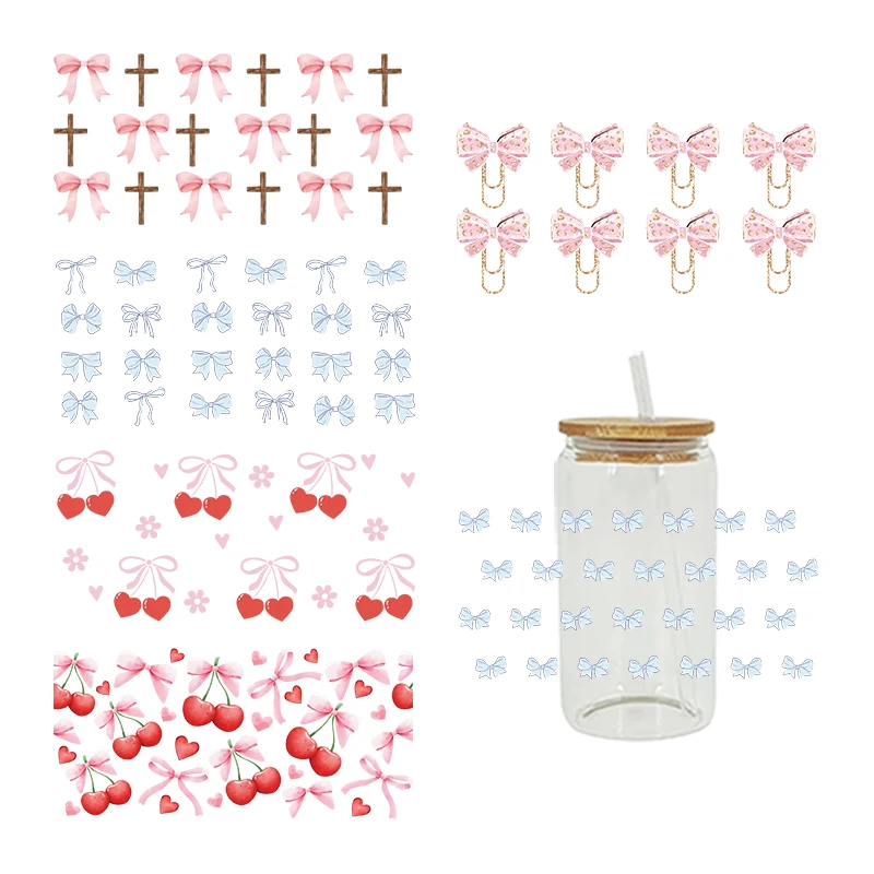 UV DTF Transfer Sticker Bow Cherry For The 16oz Libbey Glasses Wraps Bottles Cup Can DIY Waterproof Decals D14698 adhesive vinyl stickers glass can wrap