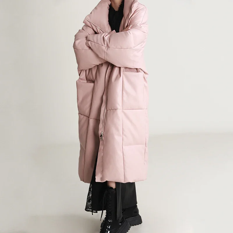 Pink Protein Leather Mid-Length down Jacket Winter Stand Collar Profile Leather Coat Thickened Coat for Women