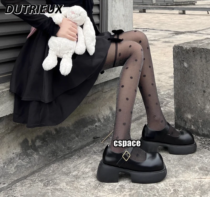 Japanese Style Polka Dot Ladies Socks Pearl Black Tights Pure Nightclub Silver Silk Bow Retro Hot Girl Sexy Stockings for Women