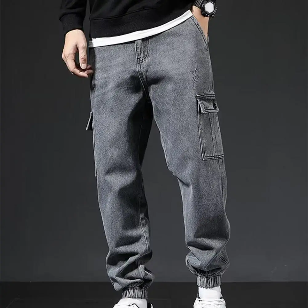 

Multi-pocket Pants Retro Streetwear Cargo Pants with Ankle-banded Elastic Multi Pockets Soft Breathable Fabric for Plus Size Men