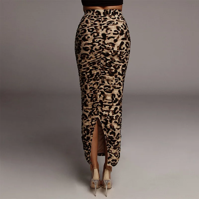 2022 Women's Skirt New Summer High Waist Sexy Slim Mid-Length Leopard Print Pleated Slit Bag Hip Skirts Y2k Fashion Lady Faldas pleated skirt