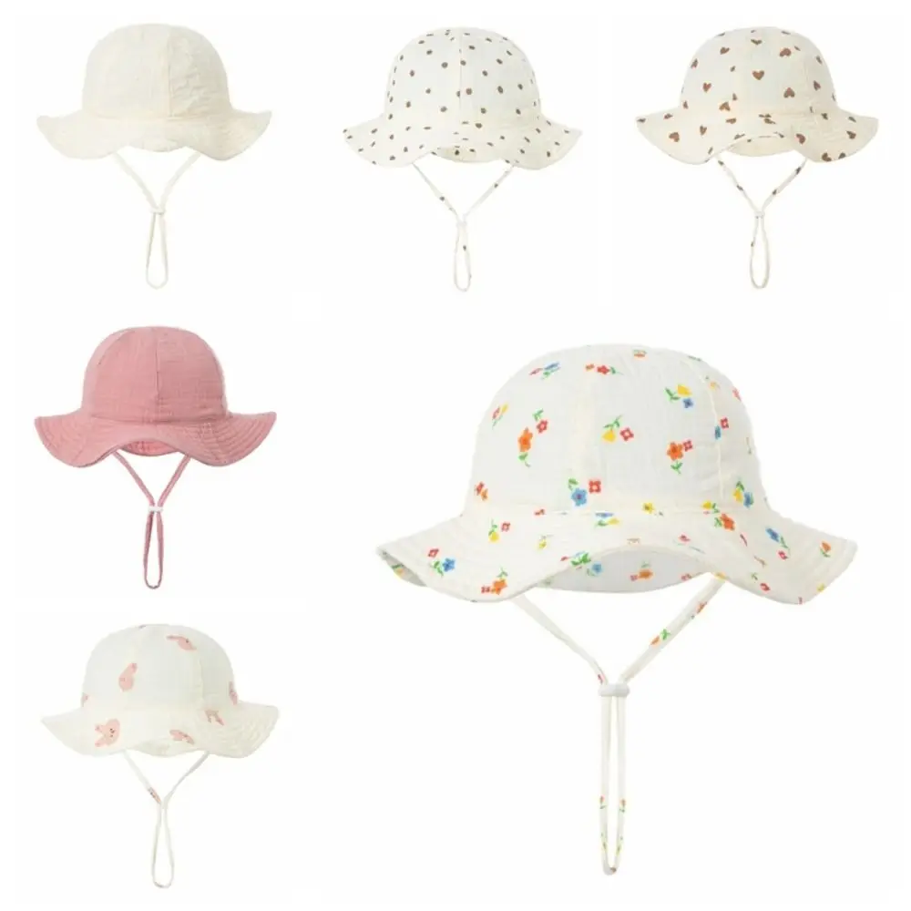 Comfortable Cotton Infant Bucket Hat Love Heart Wide Brim Kid Sunhat Flower with Strap Children's Fisherman Hat Kid