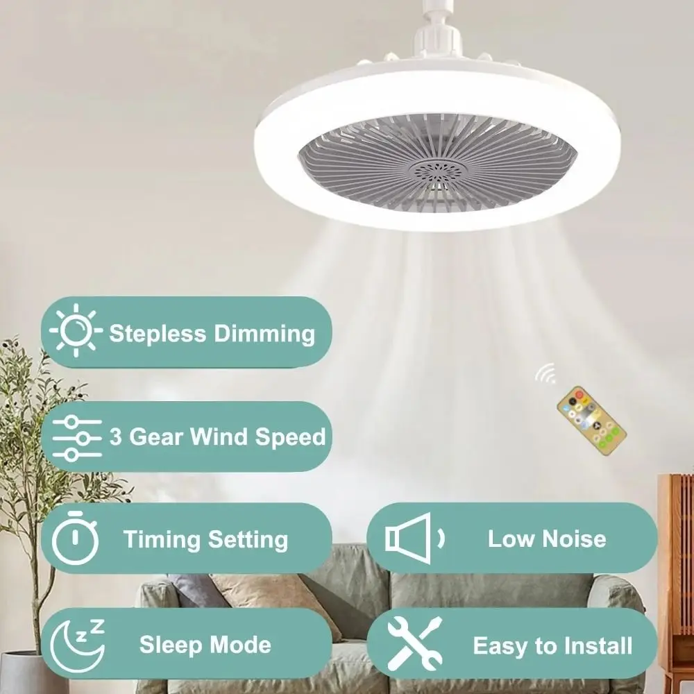 

LED Light Ceiling Fan Useful Light Dimmable Silent Chandelier Lamp With Remote Control E27 Converter Base