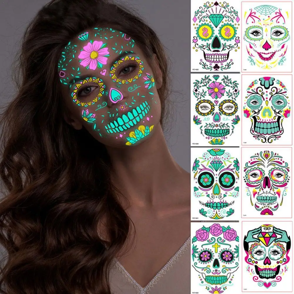 

Fluorescent Halloween Face Tattoo Sticker Day of the Dead Face Disposable Stickers Waterproof Cool Makeup Party Beauty Cosmetics