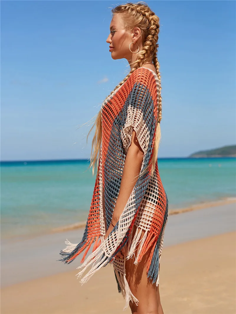 bathing suit dress cover ups Tops For Women Summer Dress Skirts 2022 New Knit Chromatic Stripe Beach Sexy Hollow Out Neck Bikini Smock Color Print Polyester bikini cover