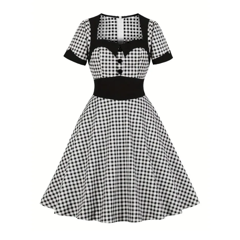 

Women's Hepburn Vintage Style Patterned Dress Retro Square Neck Short Sleeved Swing Halloween Swing Ball Cocktail Dress