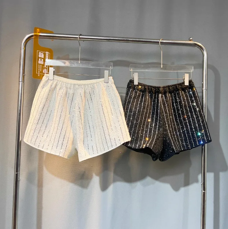 2023 Autumn Shorts New Fashion Elastic Waist Heavy Embroidery Diamond Drills Versatile Shorts Women Shiny A-line Wide Leg Pants
