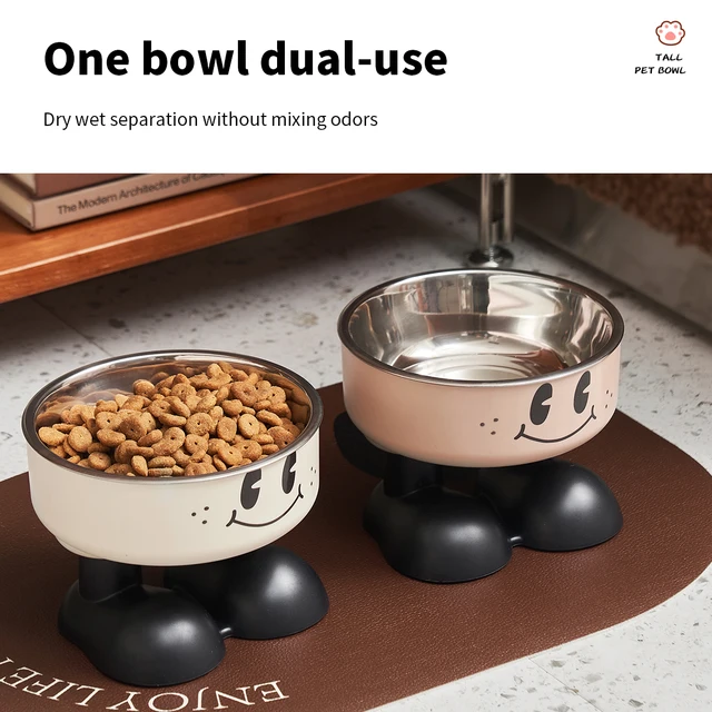 A smiling face high-legged pet bowl, fashionable stainless steel large-capacity dog ​​bowl for feeding and water, neck-protectin 2