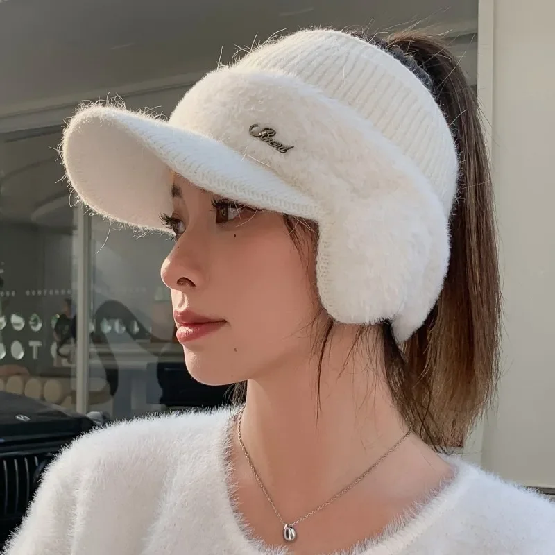 Baseball Cap Women Winter Hats Fashion Winter Warm Earflaps Knitted Baseball Cap Outdoor Sport Windproof Ponytail Visor