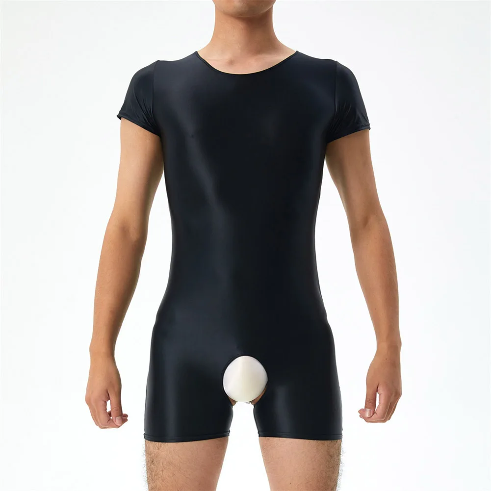 

Sexy Men Bodysuit Oil Shiny Leotard Jumpsuit Slim Stretchy Tank Crotchless Tight Underwear Solid Ultra-thin Smooth Lingerie
