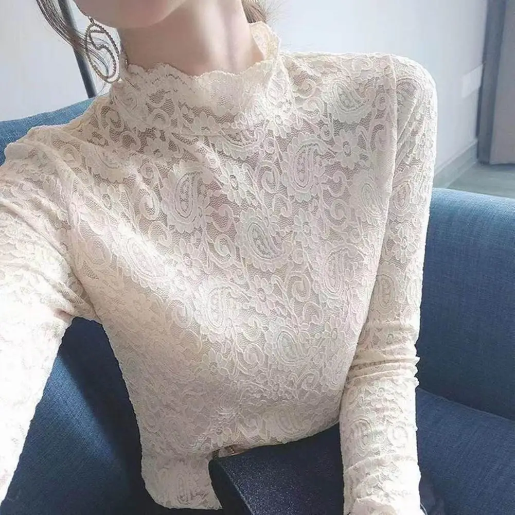 

Lady Bottoming Blouse Pullover Women Bottoming Top Long Sleeve Pure Color Lady Lace Patchwork Bottomed Blouse Bottoming