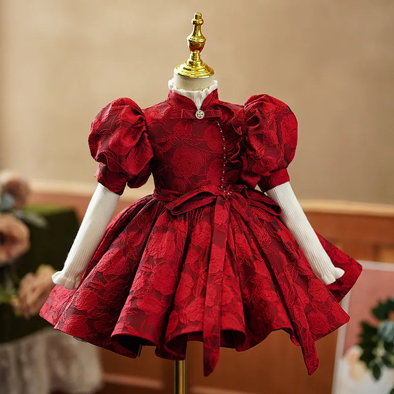

High-end Children's Evening Gown Bow Design Spanish Vintage Girls Birthday Baptism Party Christmas Red Dresses for Eid