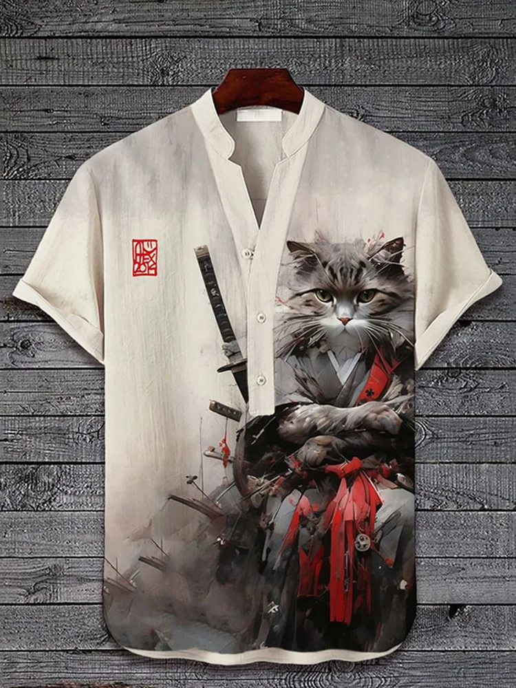 2024 Summer Cat Print Henry Shirt For Men Popular Men's Short sleeved Shirt  Fashion Casual Oversize Hawaiian Men's Top 3