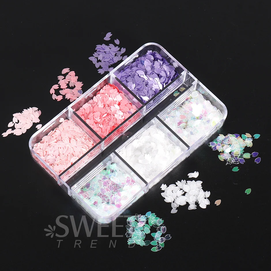 6 Grids Sakura Flower Petal Chip Nail Sequins Cherry Blossoms Glitter Stickers Spring Japanese Holographic Decor Flakes SAS128