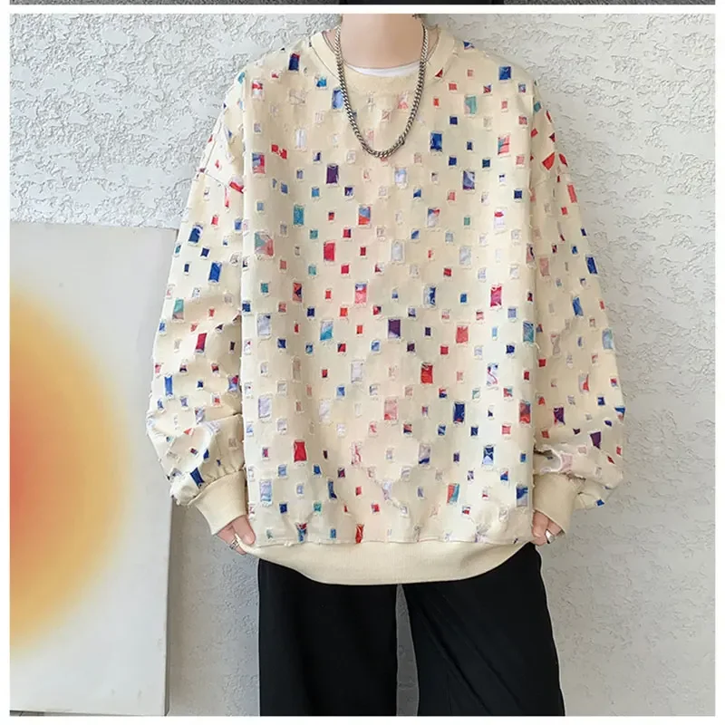 Men Cotton Hollow Hoodie Oversized Plaid Sweatshirt Streetwear Hip Hop Loose Pullover Hoodies Mens Clothes Plus Size M-5XL