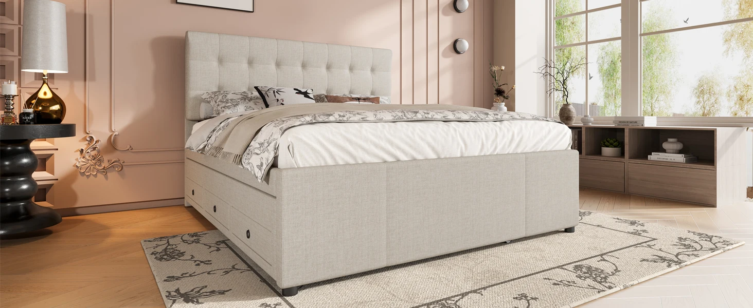 Polsterbett, 140x200cm, Doppelbett, Familienbett, Kingsize-Bett mit drei Schubladen, ausziehbares Bett, verstellbares Kopfteil – Detail 19
