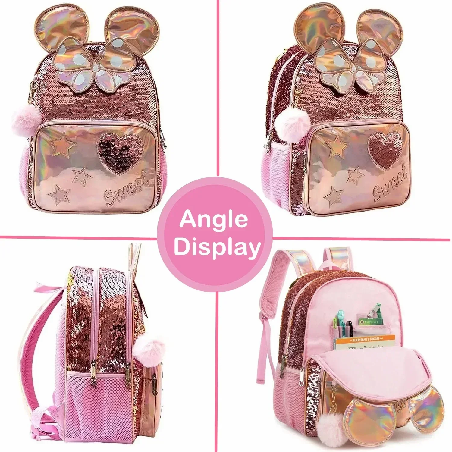 16 Inch Cute Sequin Backpack for Girl Kids School Bag Set with Lunch Box for Elementary Students Primary School 3 in 1 Bookbag 5