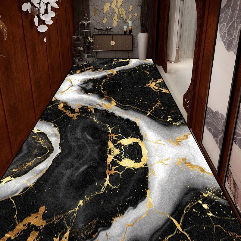 Luxury Black Gold Marble Long Corridor Carpet Hotel Aisle Runner Rug Living Room Decoration Hallway Non-slip Mat Customizable 2