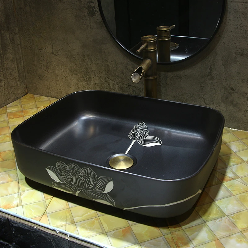 

Ceramic Zen black single basin square large washbasin on the table, lotus, Nordic new Chinese style household single hole water