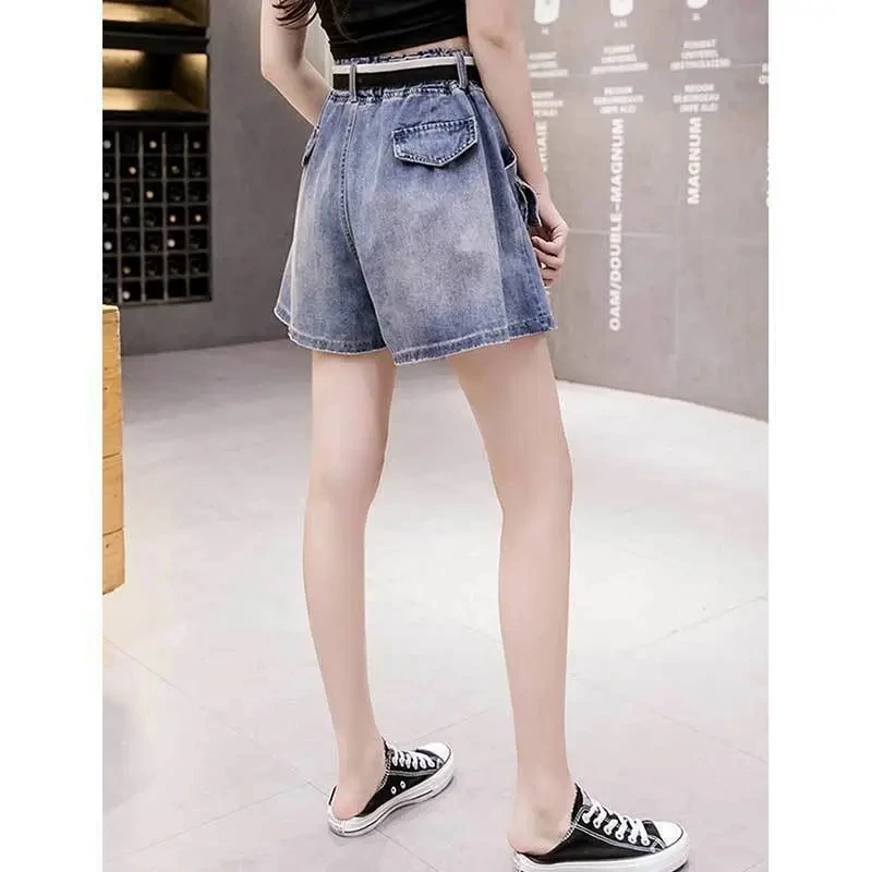 Elastic Waist Cargo Denim Shorts Women 2024 New Summer Fashion Casual Detachable Pocket Outside Wear Wide-Leg Pants Jeans Short