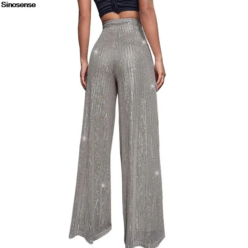 Women High Waist Sequin Sparkle Flared Pants Casual Loose Wide Leg Bell Bottom Trousers Glitter Bling Clubwear Party Shiny Pants images - 6