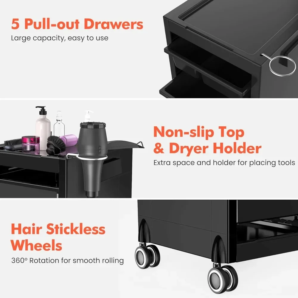New Salon Trolley Cart with Wheels，5 Drawers & dryer holder, Space Saving Salon Cart with Lighter & Strong Material