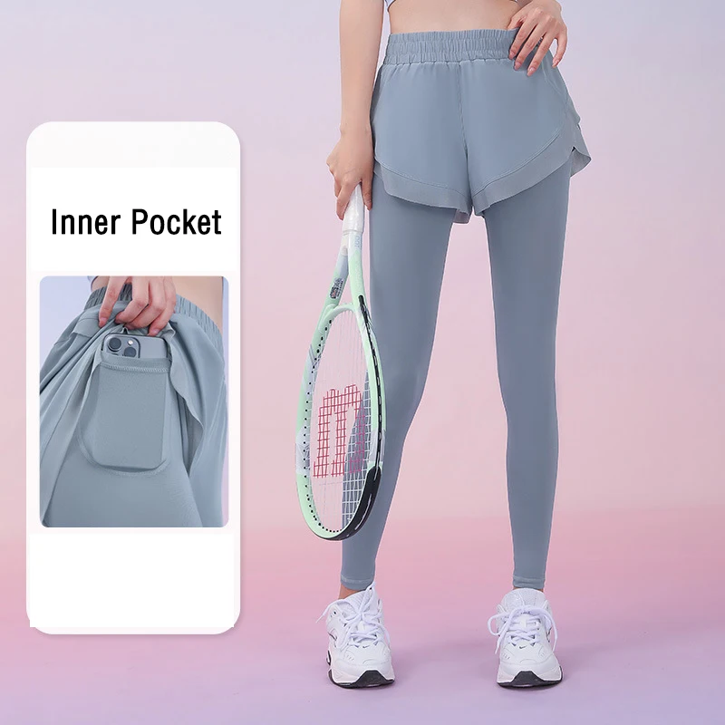 Women Yoga Pants 2 Layers Tennis Sportswear 2in1 Inner Pocket Running Training Exercise Leggings Autumn Winter Fitness Workout