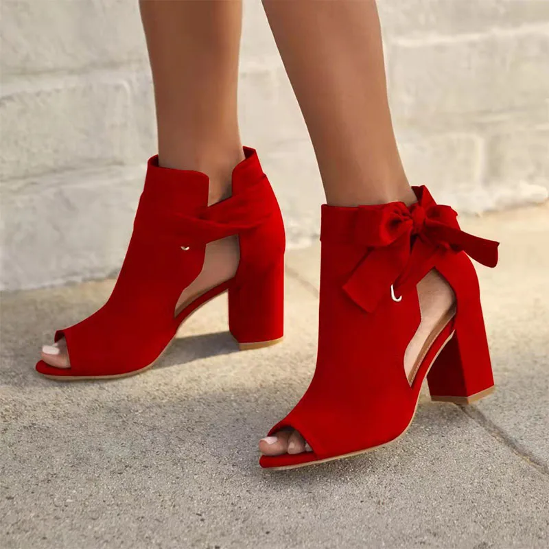 

Women Chunky High-heeled Pumps 2023 Summer Cloth Side Empty Knotbow Black Red Sandals Casual Peep Toe Zapatillas Mujer Elegantes