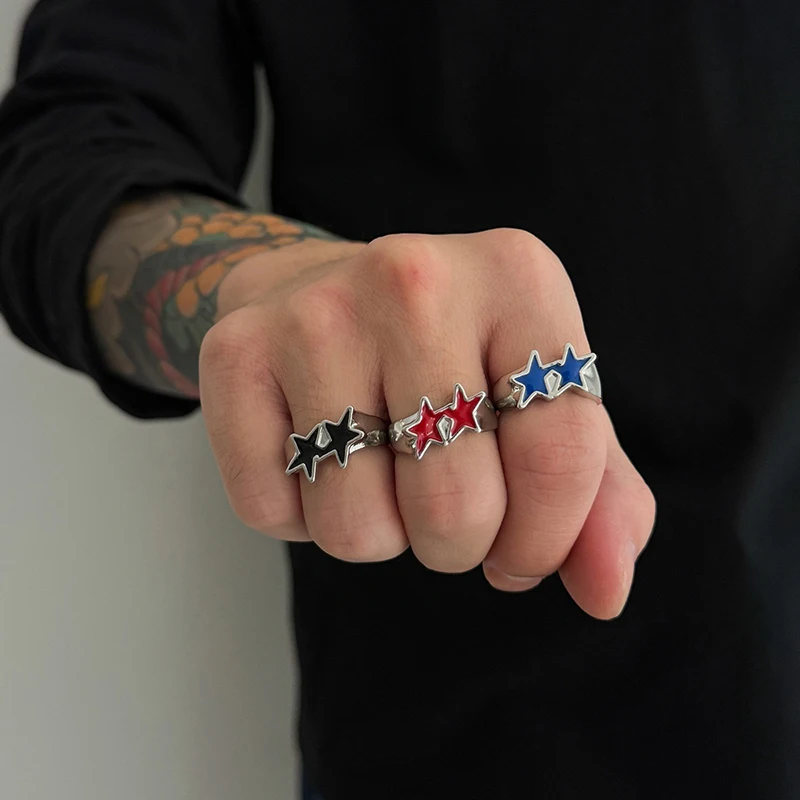 Vintage Black Drip Oil Pentagram Star Open Rings For Women Men Hip Hop Rock Metal Star Adjustable Couple Rings Jewelry 6
