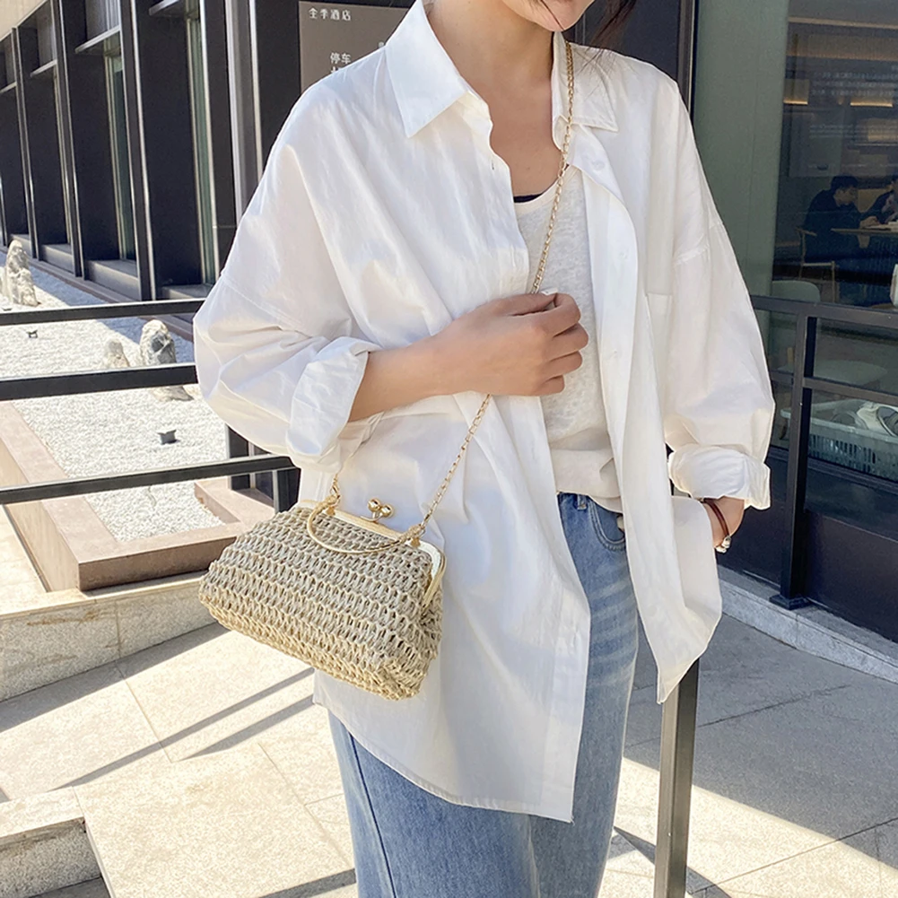 Woven Straw Chain Clutch Bag for Women Summer Party