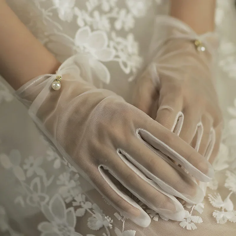 

White Bride Dress Gloves Mesh Bow Pearl Short Lace Gloves Wedding Accessories Party Prom Cosplay Performance Women Bridal Gloves